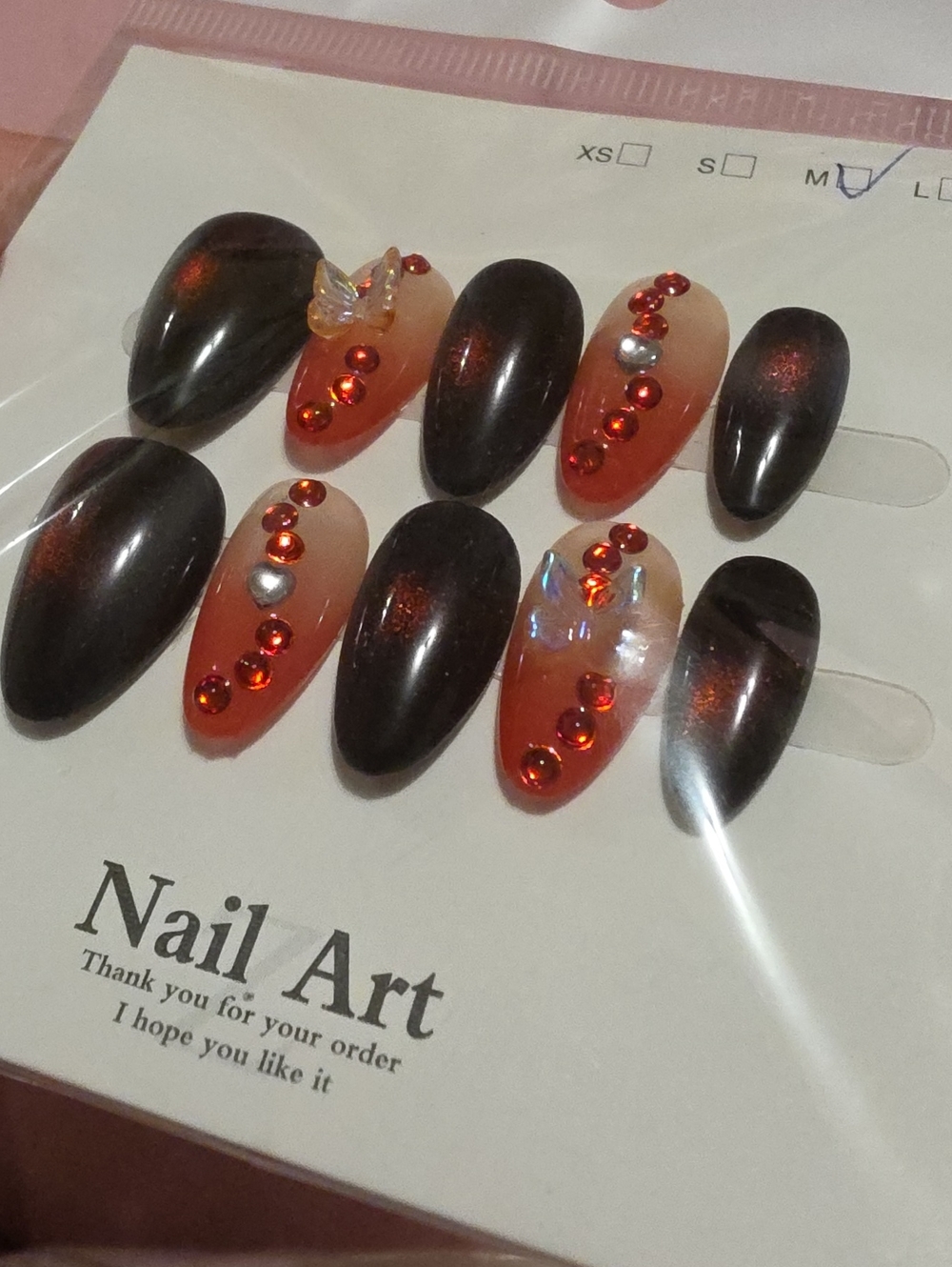 Nail Art Press-On Set - Red Ombre with Black Shimmer & Rhinestones